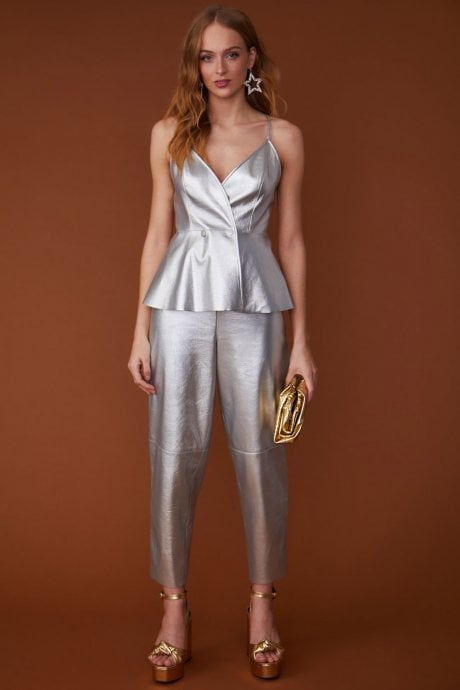 JAYLEY Faux Leather Metallic Peplum Top