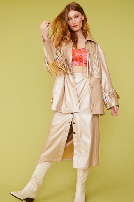 JAYLEY Faux Leather Metallic Tassel Coat