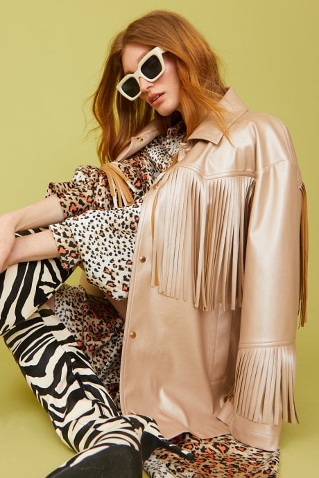 JAYLEY Faux Leather Metallic Tassel Coat