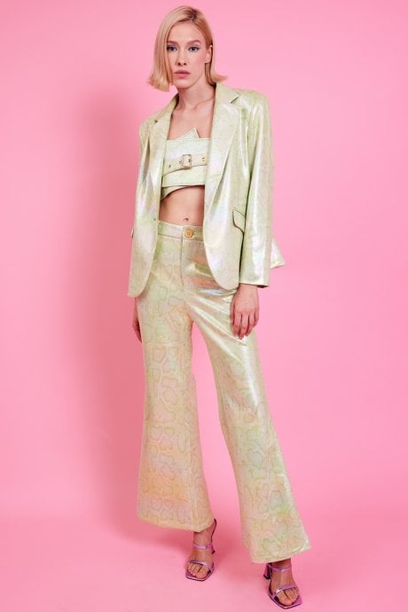 JAYLEY Faux Leather Mint Green Metallic Blazer