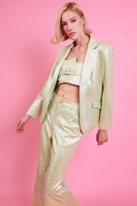 JAYLEY Faux leather Mint Green Metallic Blazer