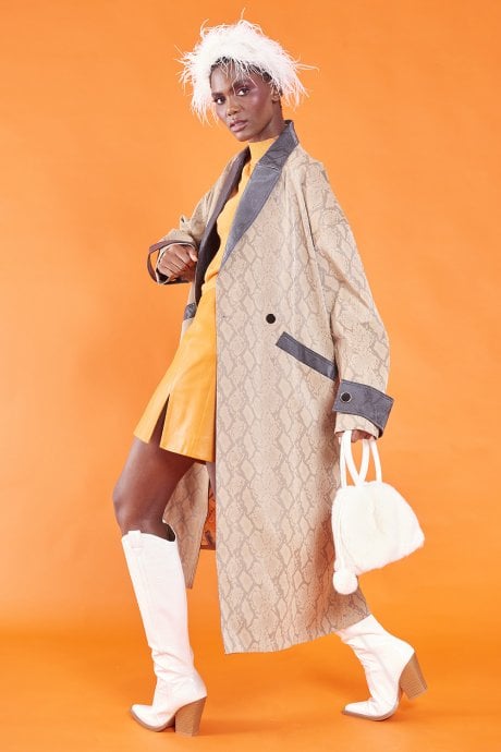 JAYLEY Faux Leather Snake Print Maxi Coat