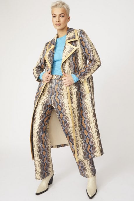 JAYLEY Faux Leather Snake Print Trench Coat