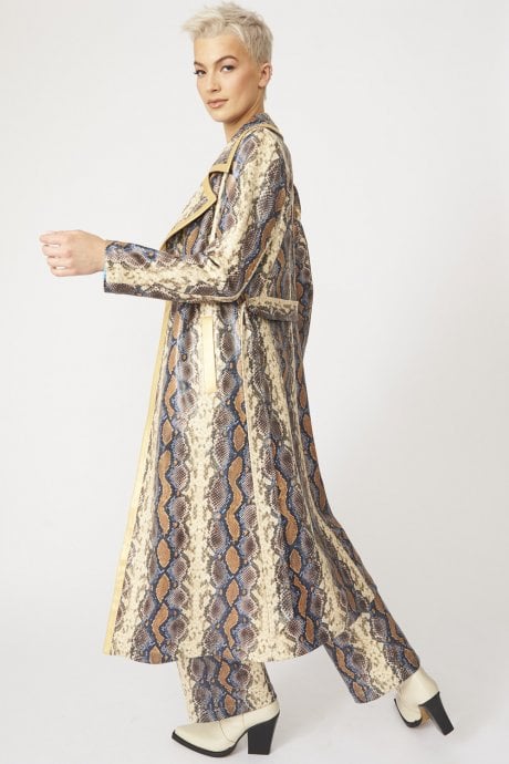 JAYLEY Faux Leather Snake Print Trench Coat