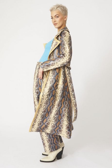 JAYLEY Faux Leather Snake Print Trench Coat