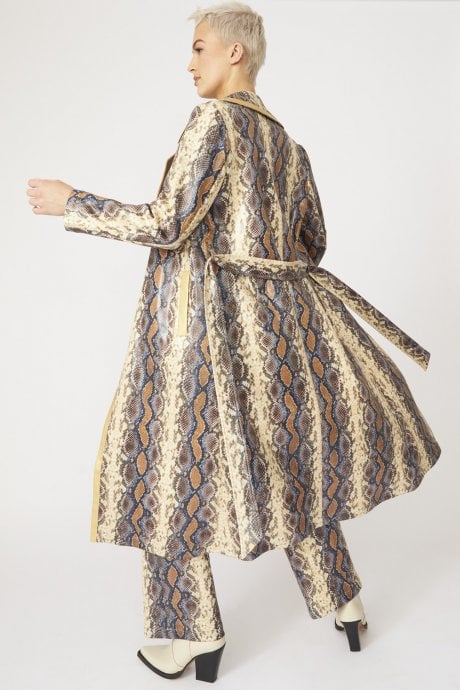 JAYLEY Faux Leather Snake Print Trench Coat