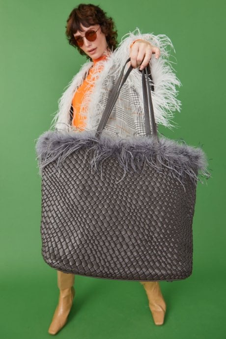 JAYLEY Faux Leather Tote Bag with Feather Trim in Tan