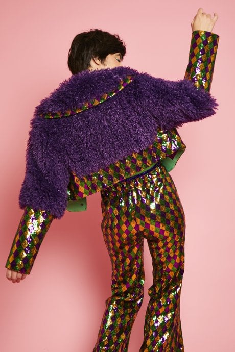 JAYLEY Faux Mongolian Bamboo Sequin Cropped Diamond Jacket