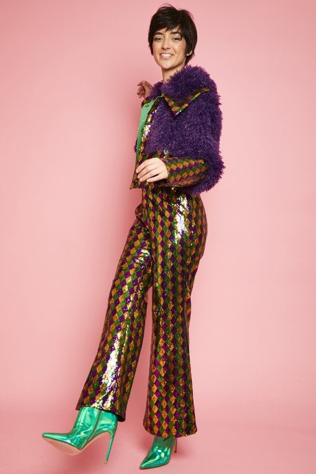 JAYLEY Faux Mongolian Bamboo Sequin Cropped Diamond Jacket