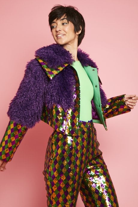 JAYLEY Faux Mongolian Bamboo Sequin Cropped Diamond Jacket