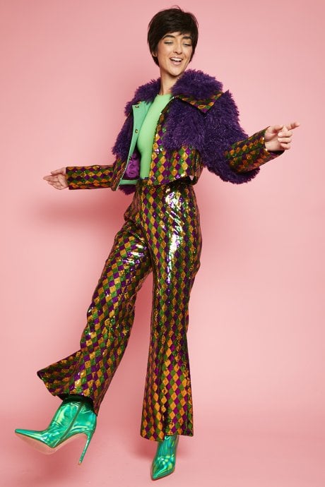 JAYLEY Faux Mongolian Bamboo Sequin Cropped Diamond Jacket