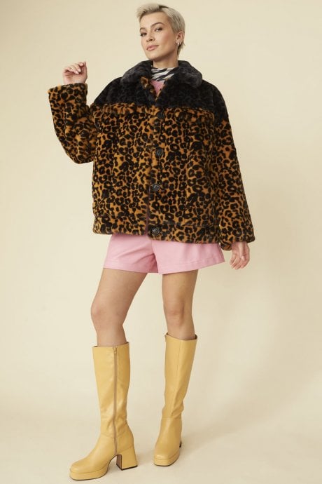 JAYLEY Faux Sable Fur Animal Print Coat