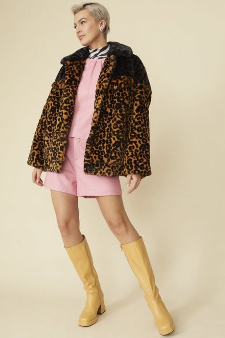 JAYLEY Faux Sable Fur Animal Print Coat