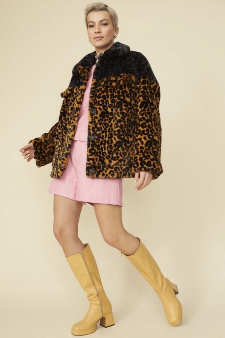 JAYLEY Faux Sable Fur Animal Print Coat