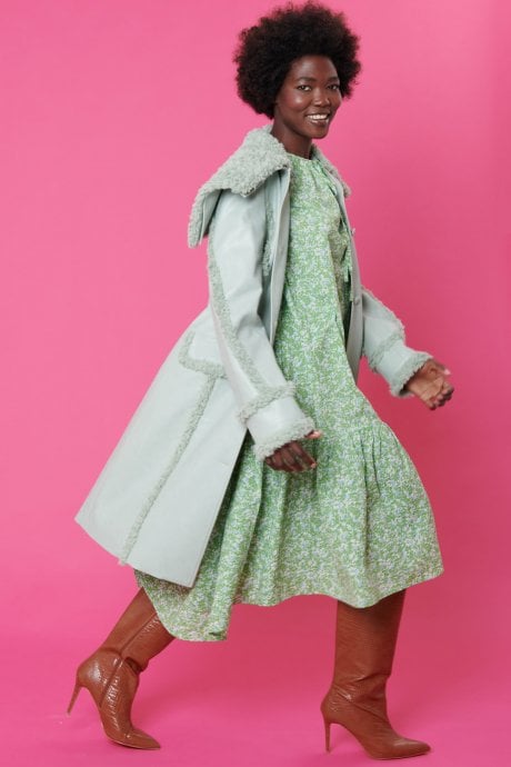 JAYLEY Faux Shearling And Faux Leather Aviator Style Trench In Mint Green