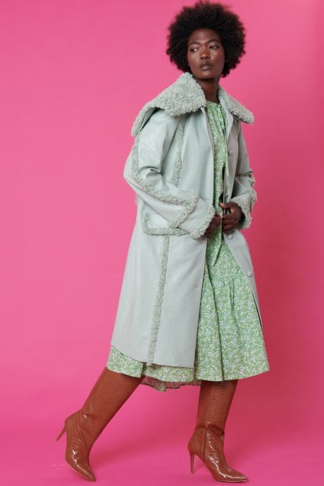 JAYLEY Faux Shearling And Faux Leather Aviator Style Trench In Mint Green