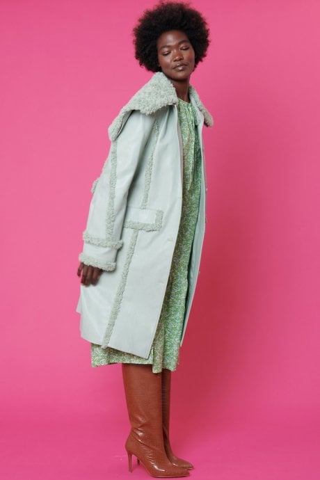 JAYLEY Faux Shearling And Faux Leather Aviator Style Trench In Mint Green