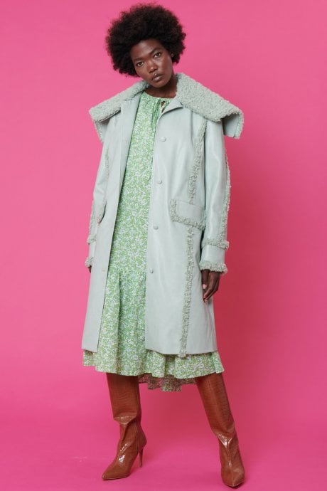 JAYLEY Faux Shearling and Faux Leather Aviator Style Trench in Mint Green
