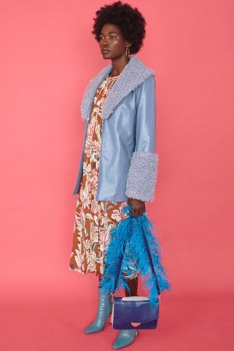 JAYLEY Faux Shearling Cuff And Collar Jacket With Belted Waist In Blue