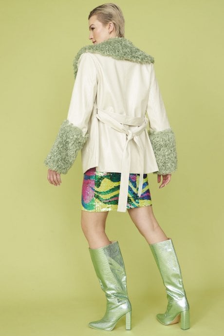 JAYLEY Faux Shearling Cuff And Collar Jacket With Belted Waist In Cream And Green