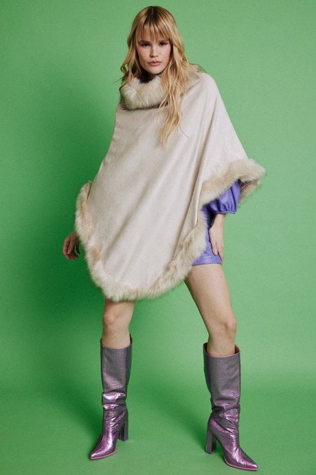 JAYLEY Faux Suede And Faux Fur Poncho