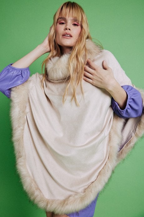 JAYLEY Faux Suede and Faux Fur Poncho