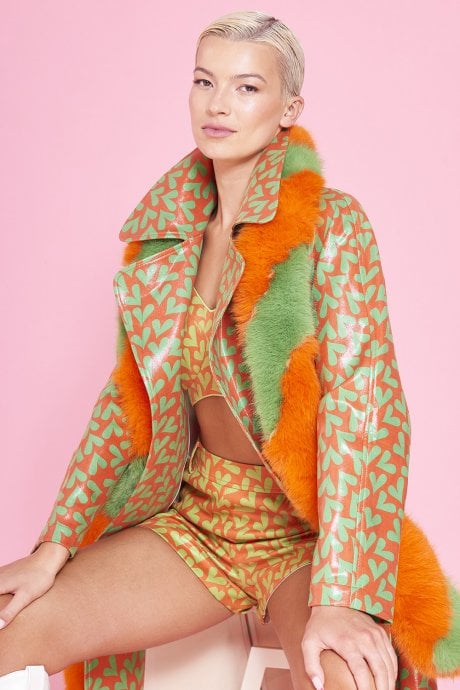 JAYLEY Faux Suede Heart Print Trench Coat