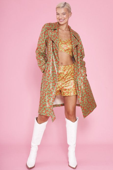 JAYLEY Faux Suede Heart Print Trench Coat