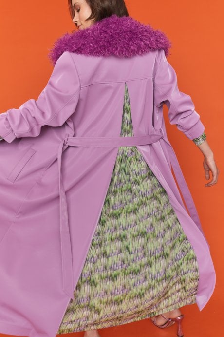 JAYLEY Faux Suede Lilac Trench Coat With Faux Shearling Collar
