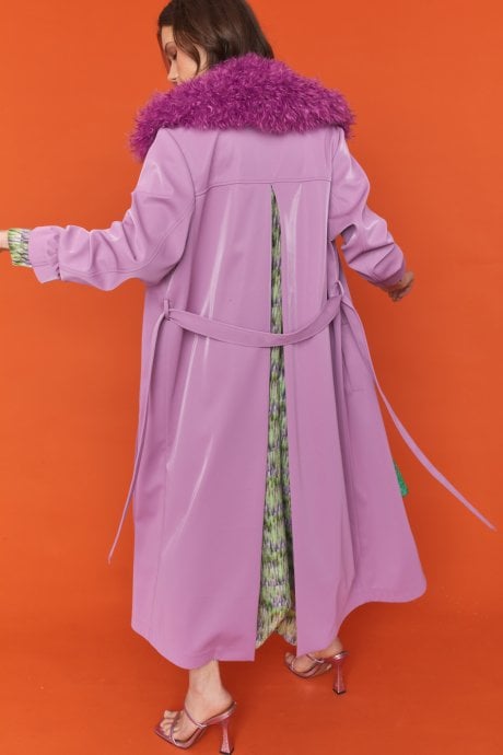 JAYLEY Faux Suede Lilac Trench Coat With Faux Shearling Collar