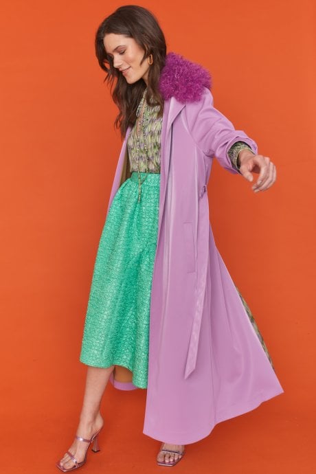JAYLEY Faux Suede Lilac Trench Coat with Faux Shearling Collar