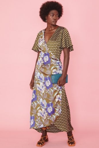 JAYLEY Floral and Polka Dot Wrap Maxi Dres
