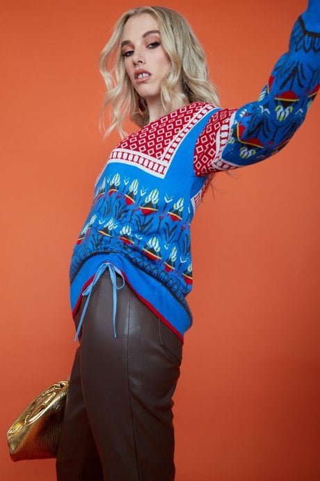 JAYLEY Floral Blue Jumper With Drawstring Side Detail