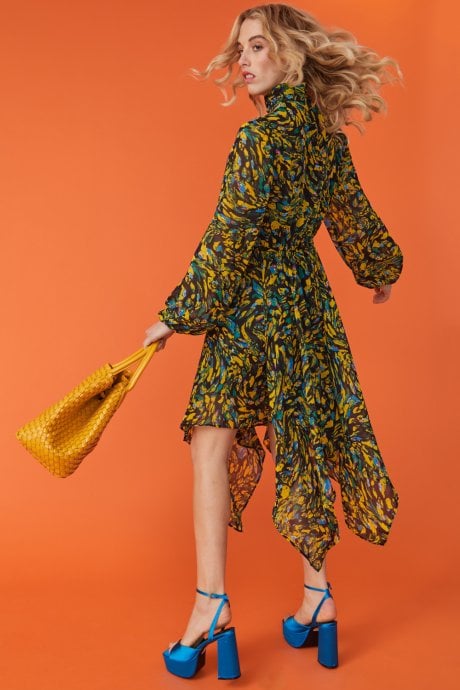 JAYLEY Floral Hanky Hem Chiffon Midi Dress With High Neck