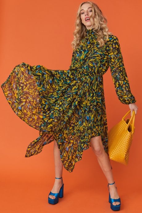 JAYLEY Floral Hanky Hem Chiffon Midi Dress With High Neck
