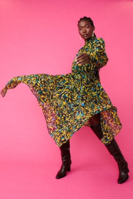 JAYLEY Floral Hanky Hem Chiffon Midi Dress with High Neck