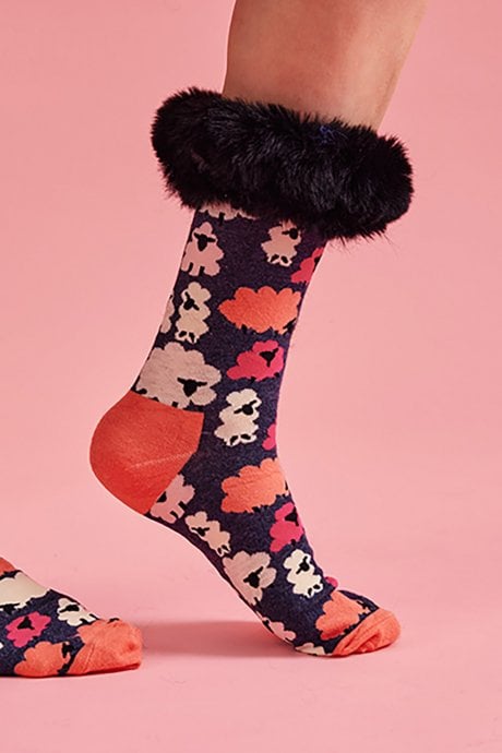 JAYLEY Floral Print Cotton Socks with Faux Fur Trim