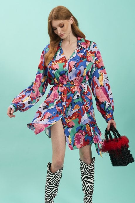 JAYLEY Floral Shirt Dress With Long Sleeves And Belt