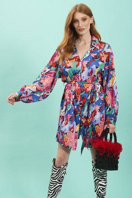 JAYLEY Floral Shirt Dress with Long Sleeves and Belt