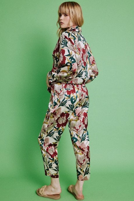 JAYLEY Floral Silk Blend Botanical Hibiscus Print Trousers