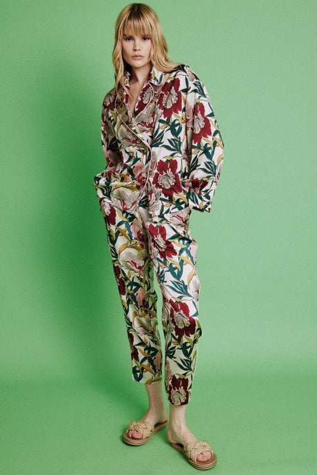 JAYLEY Floral Silk Blend Botanical Hibiscus Print Trousers