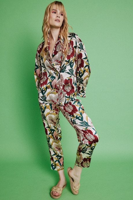 JAYLEY Floral Silk Blend Botanical Hibiscus Print Trousers
