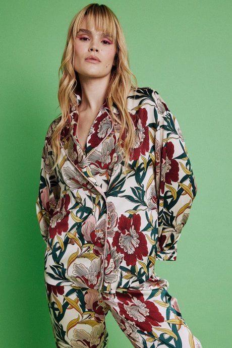 JAYLEY Floral Silk Blend Botanical Hibiscus Shirt