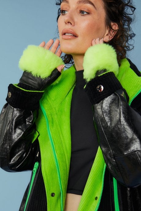 JAYLEY Fluorescent Green Faux Fur Fingerless Gloves