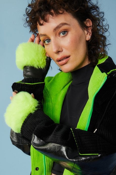 JAYLEY Fluorescent Green Faux Fur Fingerless Gloves