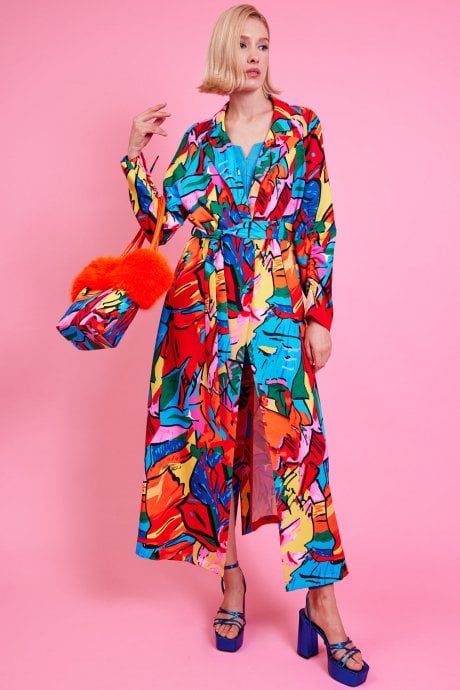 JAYLEY Freddie Tencel Blend Digital Print Trench Coat In Multi Colour