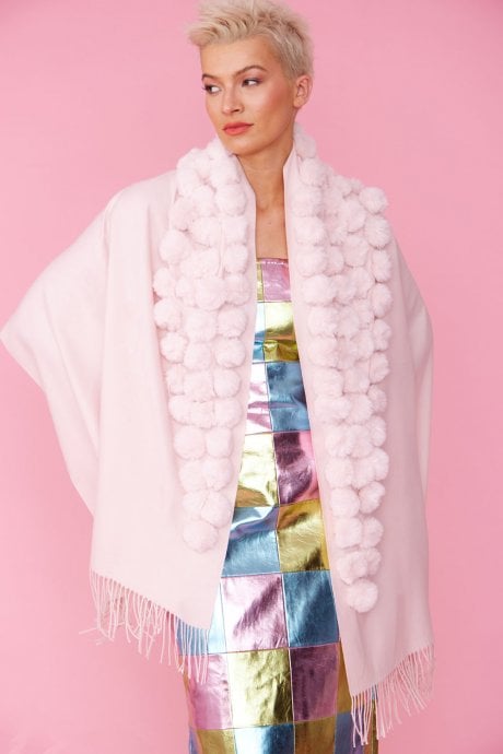 JAYLEY ****FREE with orders over £200****Pink Cashmere Blend Faux Fur Pom Pom Wrap