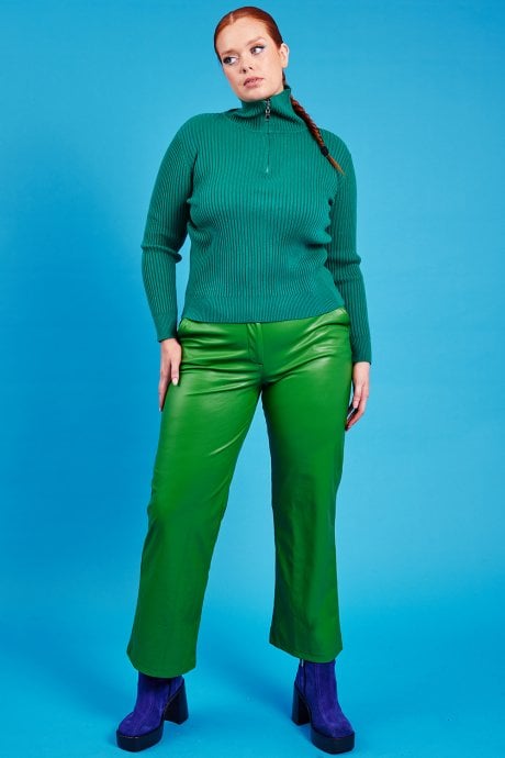 JAYLEY Funnel Neck Ribbed Jumper In Green