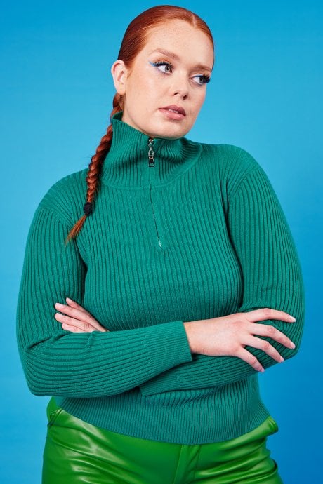 JAYLEY Funnel Neck Ribbed Jumper in Green