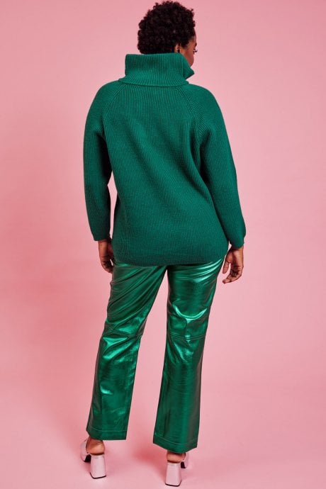 JAYLEY Funnel Neck Ribbed Jumper In Green